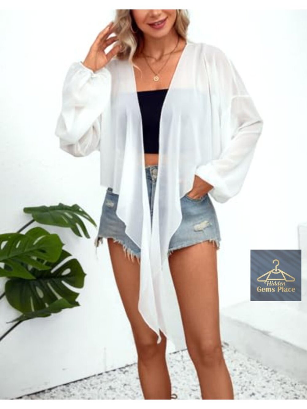 Chiffon Tie Front Crop Kimono Cover Up Long Sleeve Beach Shirt - Picture 4 of 6
